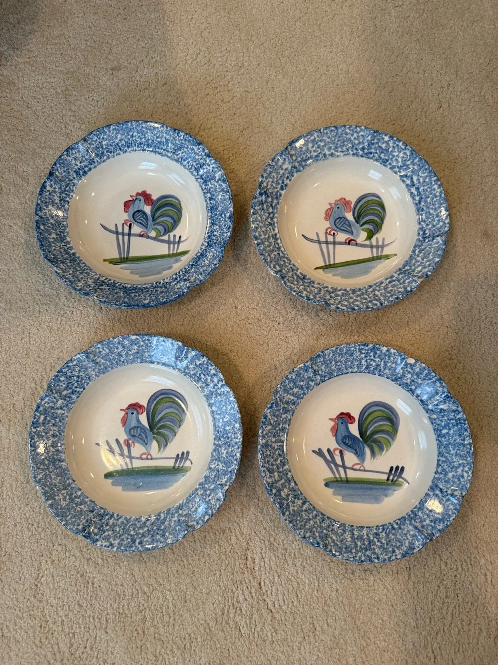 Vintage Laurie Gates Blue Stipple Rooster Bowls (Set Of 4)